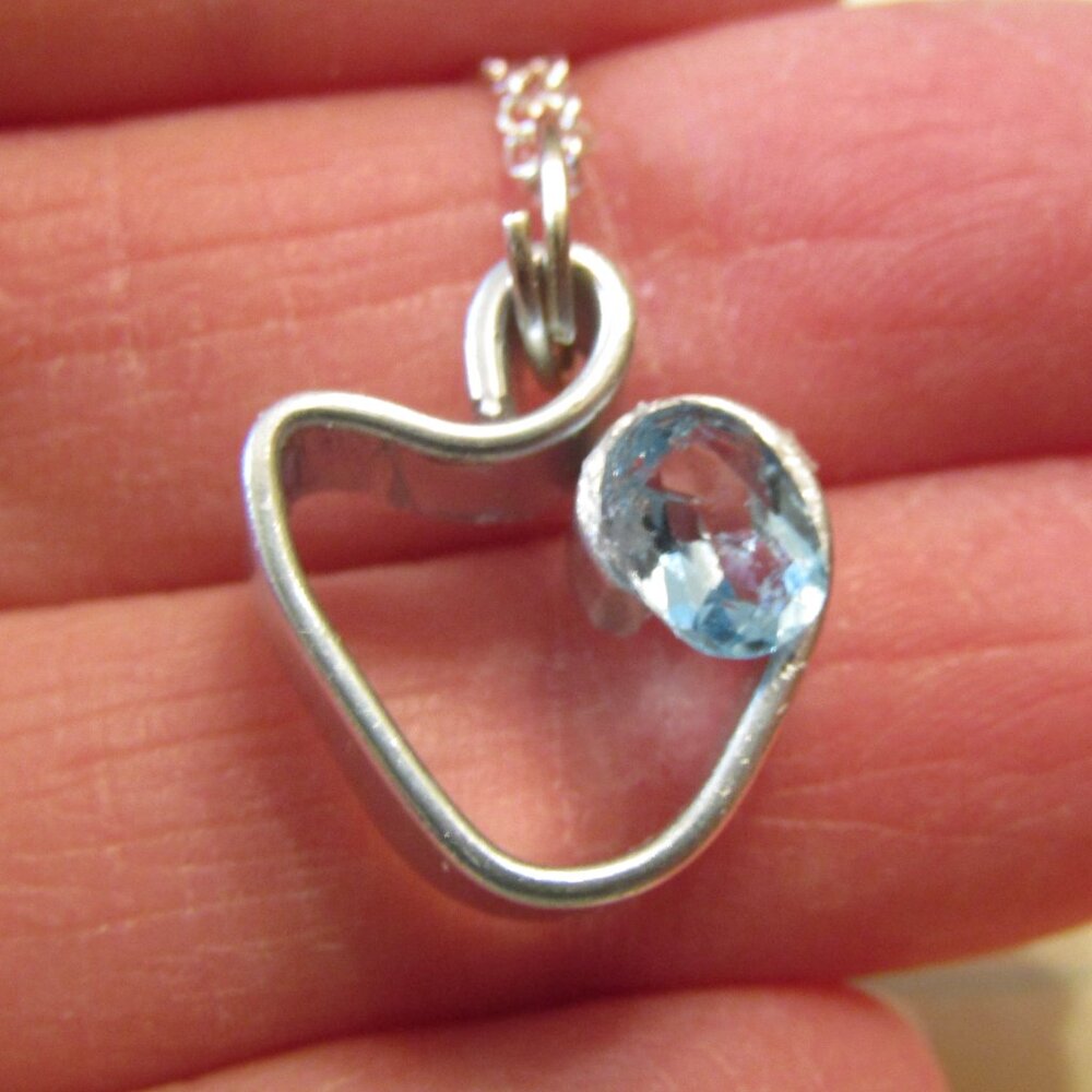 Blue Topaz Gemstone Free Form Silver Heart Pendant Silverplate Necklace Gift